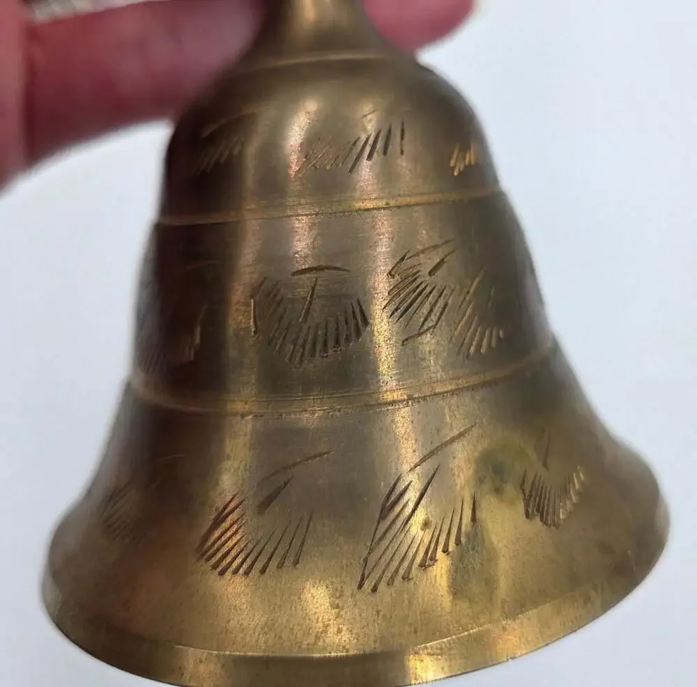 Vintage Handcrafted Brass Bell With Wooden Handle Etched India